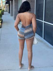 Alexandranx 女士时尚性感撞色条纹露背挂脖针织连体衣 - 彩色 - 查看 2