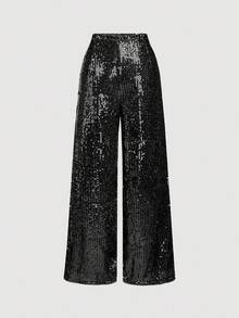 SHEIN MOD Calça feminina de cor sólida com lantejoulas, pernas largas e modelagem solta. Ideal para o Dia de Ação de Graças, Natal, formatura e festas. Calça brilhante para o outono e inverno. - Preto - Ver 3
