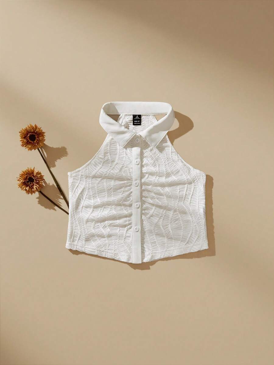 SHEIN 女童无袖翻领衬衫，白色纹理简约优雅时尚上衣，女童无袖衬衫背心夏季上衣，女童翻领衬衫，女童无袖衬衫，女童白色背心，女童翻领衬衫，女童白色衬衫，女童无袖衬衫，女童翻领衬衫，儿童白色衬衫，儿童白色上衣，白色青少年衬衫，女童衬衫，女童夏季衬衫，儿童衬衫 - 白色 - 查看 1