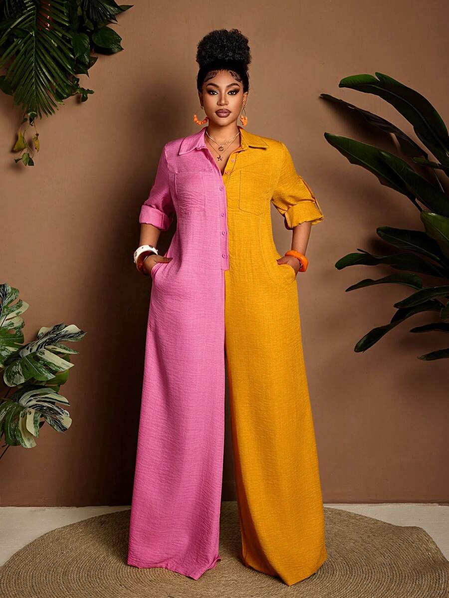 Maweii Plus Size Contrast Color Casual Wide Leg Jumpsuit - Multicolor - View 1