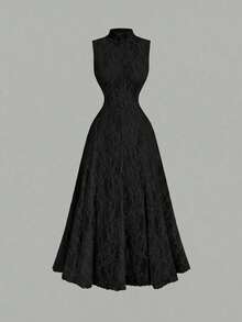 SHEIN MOD Gaun Elegan Berkerah Tegak Model Mengembang Warna Aprikot dengan Renda Ukuran Plus - Hitam - View 5
