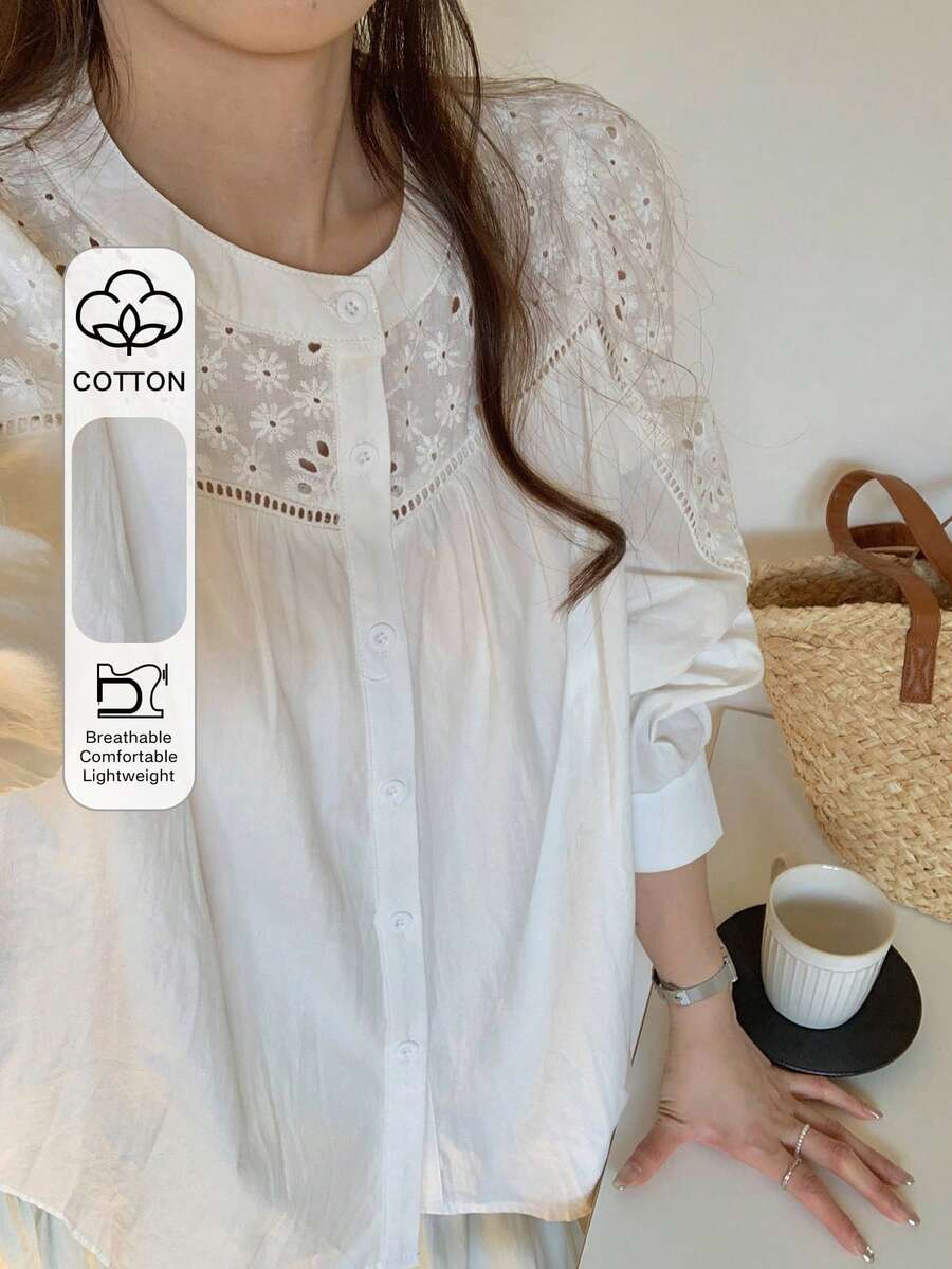 DAZY Women's Round Neck Lace Patchwork Open Front Long Sleeve Casual Elegant Blouse - White - View 1