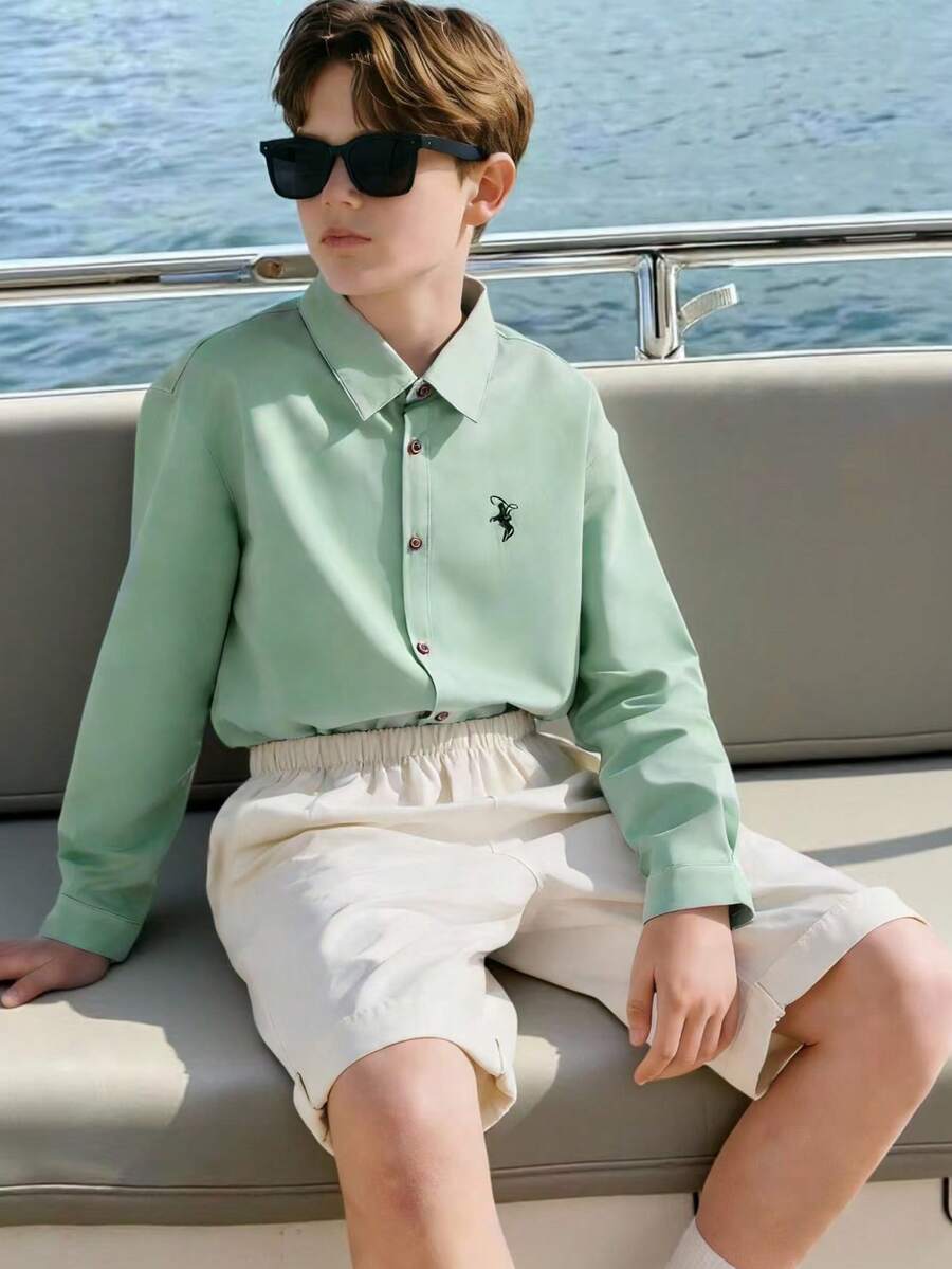 两件套青少年男士绅士套装，绿色领长袖衬衫+米色短裤，绅士西装，商务优雅校园风，生日派对日常休闲外套，简约大方 - 彩色 - 查看 1