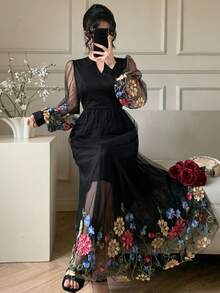 DAZY Women's V-Neck Cinched Waist Floral Embroidered Dress, Elegant Holiday Style Sundress - Black - View 2