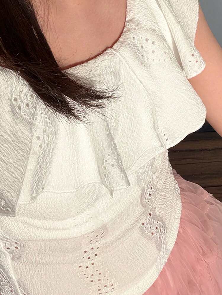 Tween Girls' Summer Casual Vacation Solid Color Schiffy Asymmetrical Ruffle Collar Fitted T-Shirt