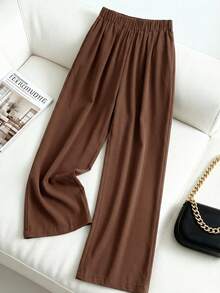 GlowEve CURVE Plus Size Women's Solid Color Pocket Pleated Casual Pants Elastic Waist Pants Loose Pants Pleated Pants Brown Pants High Waist Pants Wide Leg Pants Brown Bottoms Brown Wide Leg Pants - Coffee Brown - View 2
