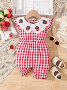 SHEIN 女婴可爱优雅草莓格子短袖连体衣，适合春夏外出和日常穿着 - 紅色 - 查看 4