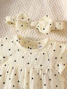夏季女婴连体衣+发带两件套，新生儿优雅甜美可爱波点印花 - 米色 - 查看 5