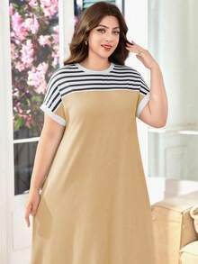 SHEIN Lacomfia Plus Size Women Patchwork Striped Round Neck Short Sleeve Casual Loose Dress - Khaki - View 5