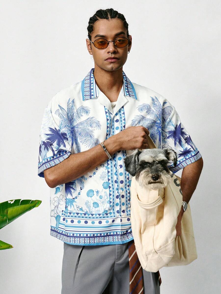 PAVTROS 男士休闲热带印花翻领短袖宽松衬衫，夏季海滩度假 - 藍白色 - 查看 1