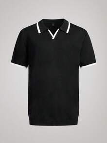 Officeau Polo décontracté à col contrasté pour hommes, pull tricoté à manches courtes - Noir - Voir 1