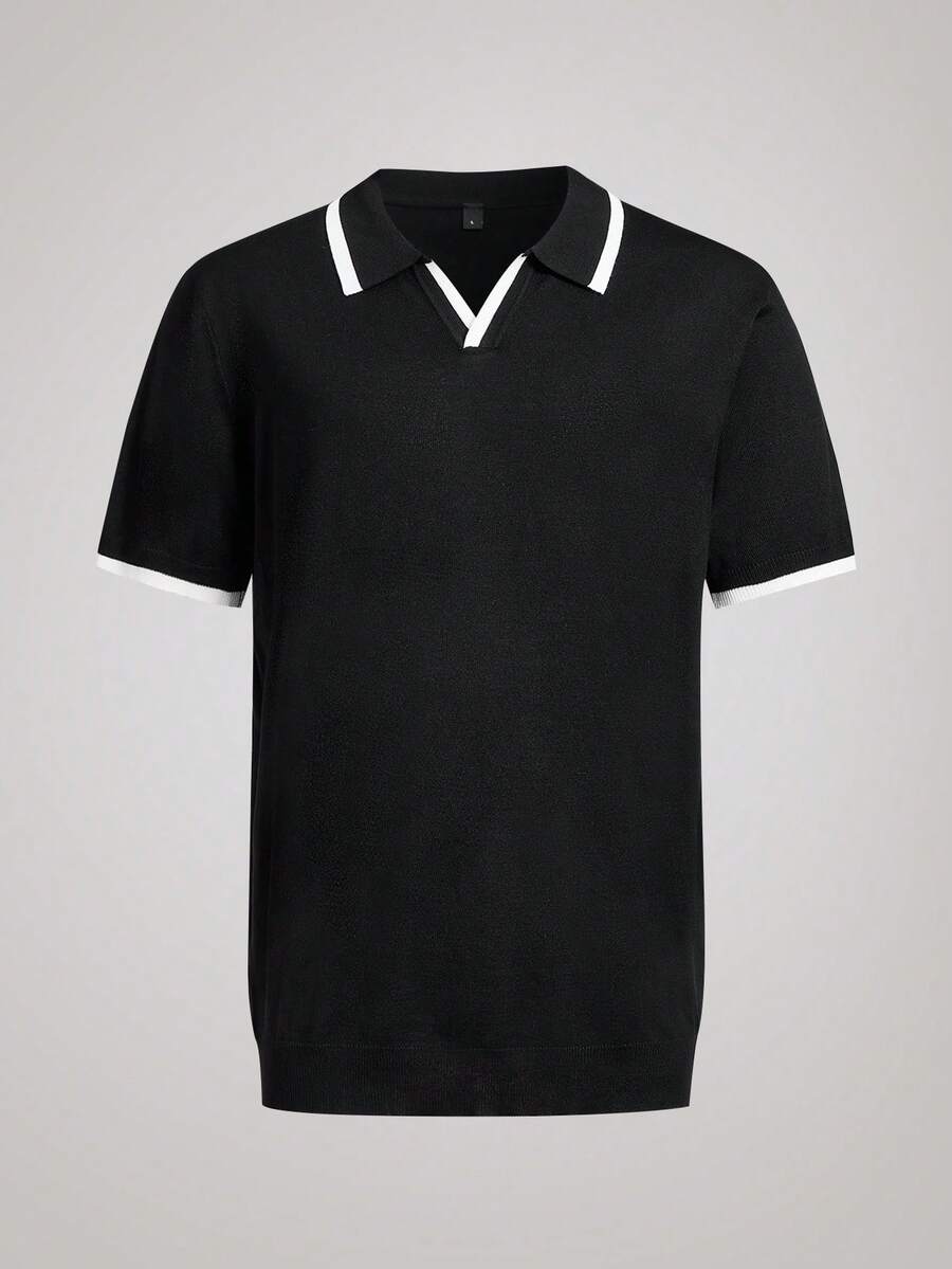 Officeau Polo décontracté à col contrasté pour hommes, pull tricoté à manches courtes - Noir - Voir 1