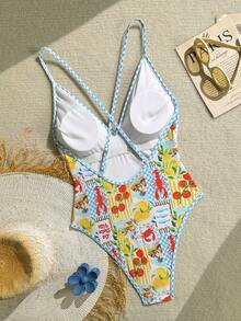 Swim Vcay 女士随机印花V领性感露背连体泳衣，适合海滩和度假 - 彩色 - 查看 2