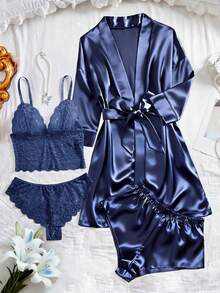 SHEIN Bộ đồ ngủ nữ 5 món, Bộ đồ ngủ ren hoa màu trơn thanh lịch - Áo hai dây cổ chữ V bán trong suốt, Quần lót tam giác, Quần short satin, Áo choàng dài tay có thắt lưng, Đồ ngủ nữ mặc nhà - Xanh đậm - Xem 1
