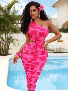 Lureya Women's Fashion Irregular Shoulder Exposed Waist Printed Vacation Pleated Floral Bodycon Cinched Waist Elegant Sexy Casual Outing Travel Beach Young Lady Crinkle Mesh Midi Dress - Multicolor - View 5