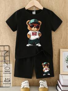 Bộ đồ mùa xuân hè cho bé trai, phong cách thường ngày, sáng tạo, cá tính, tươi mới, tối giản, dễ thương, họa tiết hoạt hình gấu đeo kính râm, áo thun ngắn và quần short đen cơ bản, thoải mái, ấm áp cho trang phục mùa hè. - màu đen - Xem 4
