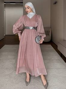 DAZY 女士优雅亮片撞色V领纹理中长连衣裙，春夏款，婚礼宾客礼服，女士吊带裙 - 粉色 - 查看 7