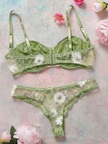 两件套花卉刺绣网纱内衣套装（含钢圈文胸和比基尼内裤） - 薄荷綠 - 查看 2