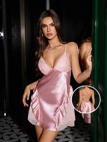 SHEIN Satin Slip Dress With Mesh Lace Patchwork, Adjustable Straps, Elegant Backless Nightgown - Mauve Purple - View 1