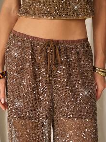 TRNVIE 女士青铜色亮片串珠弹力腰宽松网纱透视休闲度假沙滩阔腿裤，适合海滩度假、波西米亚风休闲派对 - 棕色 - 查看 4