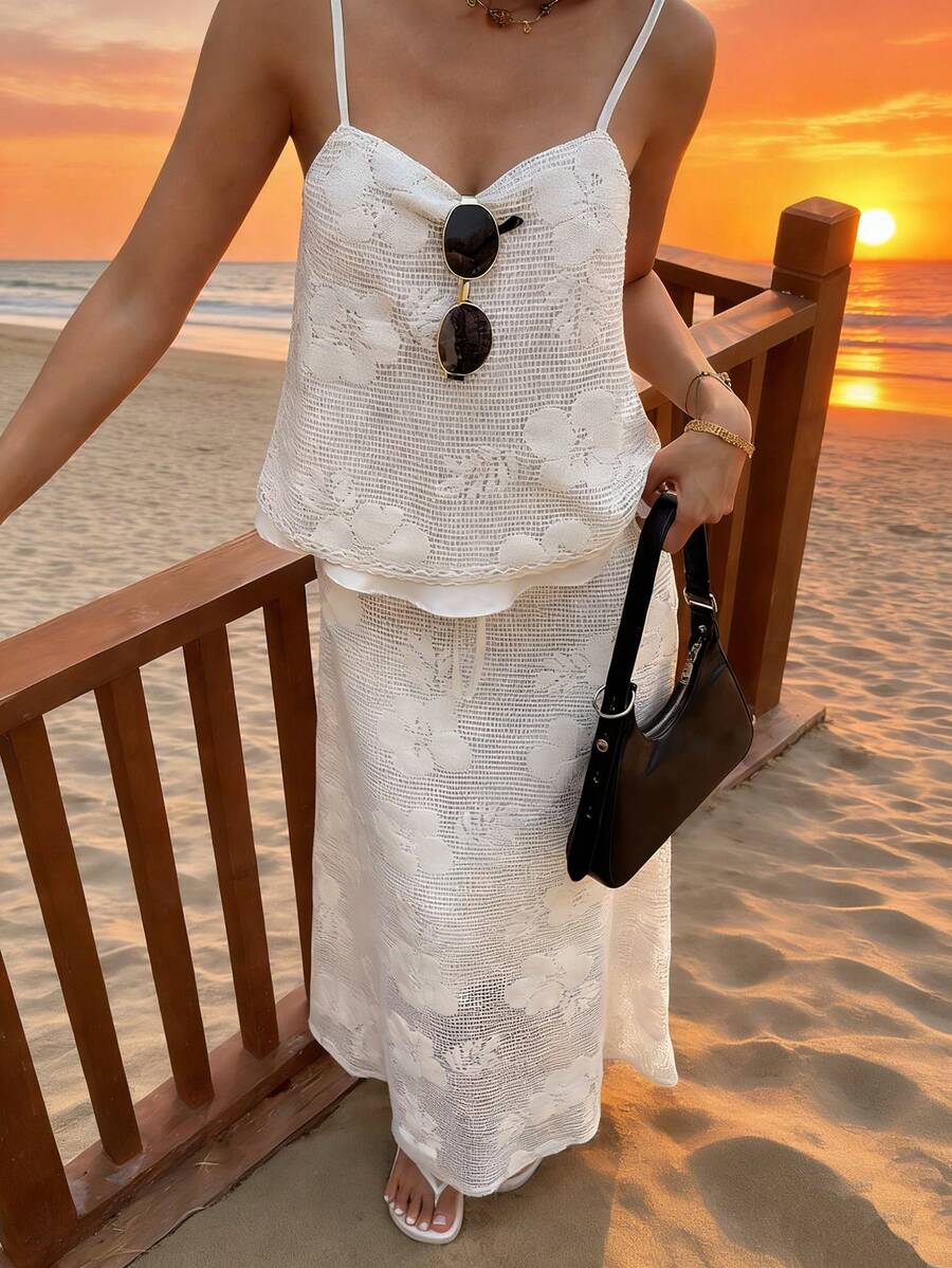 Livesso 春夏白色蕾丝吊带背心和A字裙套装，优雅百搭，适合情人节、婚礼、休闲、海滩、通勤等场合。 - 白色 - 查看 1