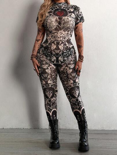 Whyspr Plus Size Mesh Graphic Print See-Through Elegant Vintage Punk Gothic Casual Vacation Mesh Print Jumpsuit For Women