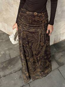 Livesso 宽松休闲度假风时尚棕色波西米亚海滩几何花卉复古印花褶裥网纱拼接A字裙，春夏款 - 棕色 - 查看 4