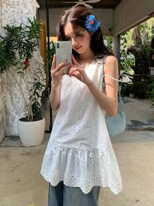 DAZY 女士圆领无袖蕾丝面料休闲套头衫夏季 - 白色 - 查看 4
