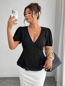 Elenzga Plus Size Women's Elegant Wrap A-Line Petal Sleeve Jacquard Blouse, Spring/Summer - Black - View 1