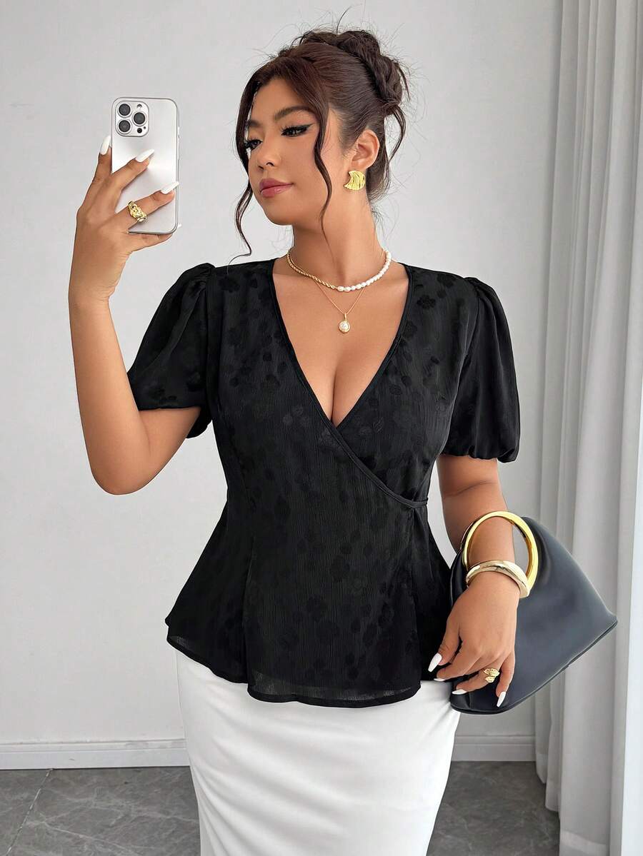 Elenzga Plus Size Women's Elegant Wrap A-Line Petal Sleeve Jacquard Blouse, Spring/Summer - Black - View 1
