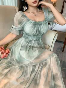 DAZY Women's Square Neck Short Sleeve Cinched Waist Casual Chiffon Dress, Vacation Style Dress - Green - View 3