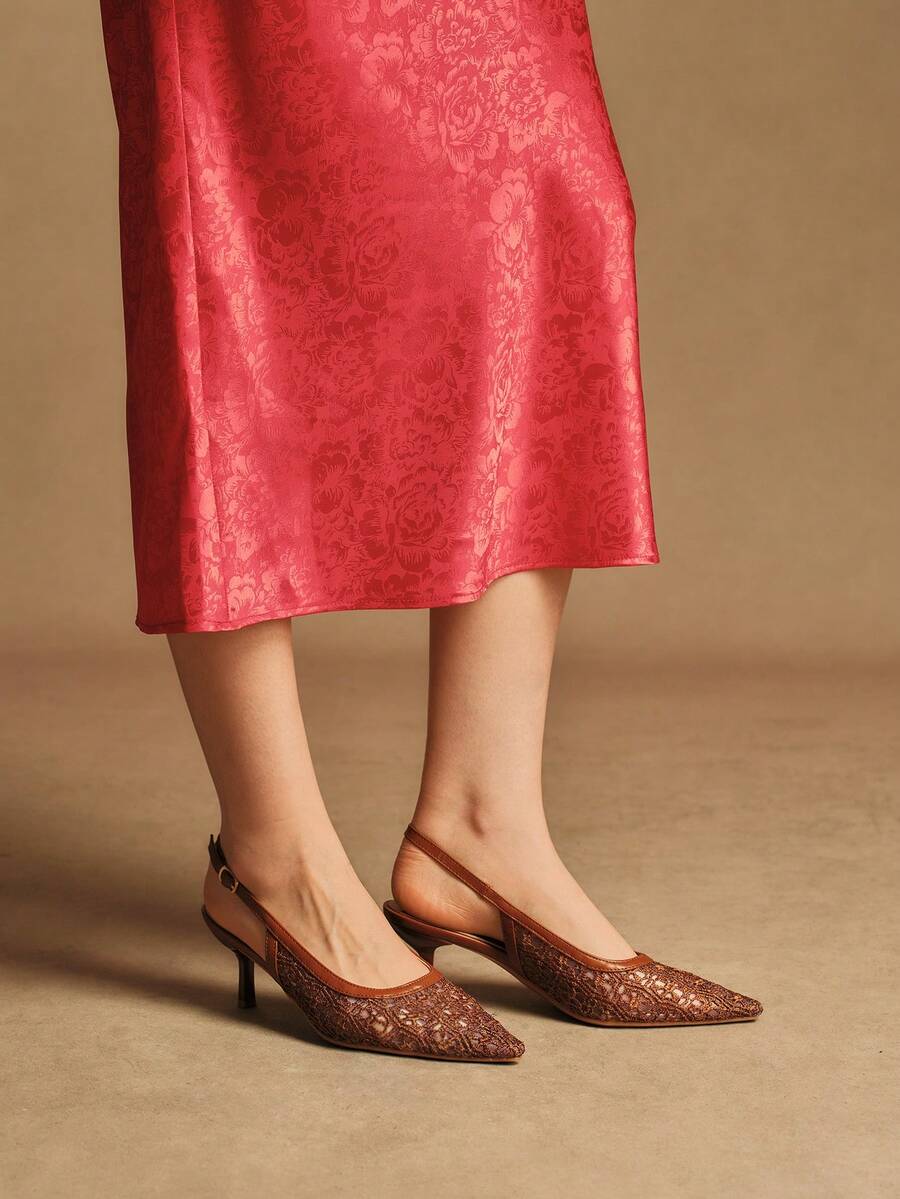 Rosivie Women's Elegant Embroidered Pointed Toe High Heels, Suitable For Commuting - Brown - View 1