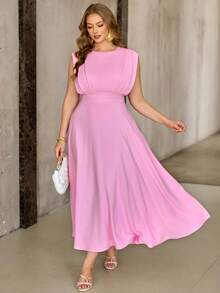 Roveilla 大码女式纯色高领无袖褶皱肩部收腰可调节喇叭下摆长连衣裙，优雅法式复古浪漫简约风，适合办公室、通勤、商务、休闲、海滩、日常、约会、婚礼、春夏等场合。 - 粉色 - 查看 3