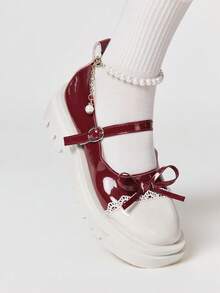 ROMWE Kawaii 女士可爱蝴蝶结蕾丝拼接坡跟厚底鞋 日系学院风浪漫甜美酒红色白色撞色鞋 - 白紅拼接 - 查看 3