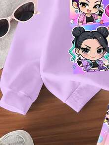 2 件套年轻女孩时尚休闲秋冬装，适合少女，K-POP 卡通女孩图案薰衣草连帽运动衫搭配黑色运动裤，舒适休闲，适合秋冬/春季，适合户外野餐、街头摄影、节日、礼物 - 彩色 - 查看 3