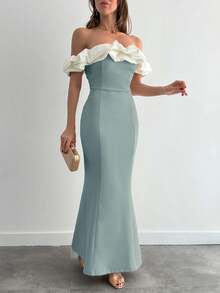EURMUSE Two Tones Off Shoulder Ruffle Trim Bodycon Dress, Elegant Dress - Mint Green - View 4