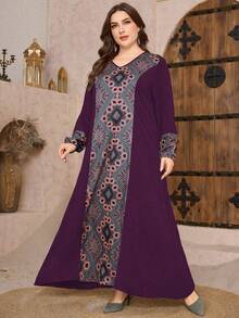 Al Najma Abito vintage elegante con stampa e patchwork, taglie comode - Viola - Visualizzare 3