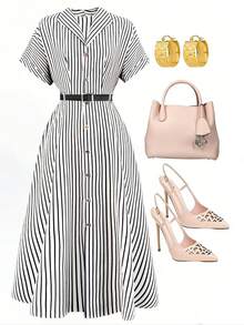 GlowEve Women's Casual Commuter Striped Front Button Mid-Length Dress, Summer - Multicolor - View 1