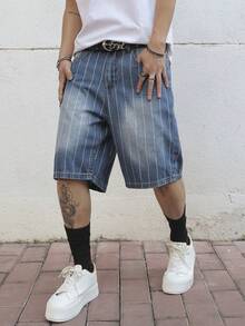 Manfinity Roghcode Men's Summer Vertical Striped Letter Embroidered Loose Wide-Leg Denim Shorts - Medium Wash - View 3