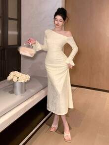 Joudiya Đầm nữ thanh lịch chất liệu vải dệt họa tiết, cổ bất đối xứng, tay bồng, eo ôm sát, vạt đuôi cá, thích hợp cho mùa xuân/thu. - Màu be - Xem 6