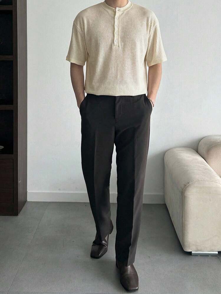 Men's Textured Fabric Half-Placket Round Neck Short Sleeve T-Shirt, Summer