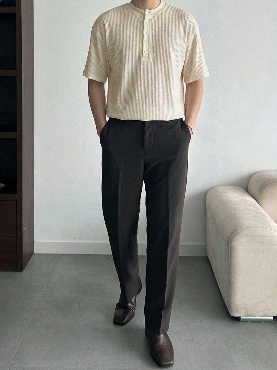 DAZY 男士纹理面料半开襟圆领短袖T恤，夏季款 - 白色 - 查看 1