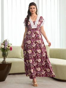 Al Najma 优雅花卉印花拼接蕾丝边饰短袖长连衣裙，春夏款 - 酒紅色 - 查看 3