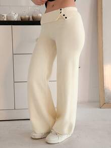 Katetique Women's Autumn And Winter Clothing Home Simple Comfortable Sweet Casual Thermal Lined Warm White Double-Layer Waist Design Buttons Asymmetrical Beige Simple Sweater Trousers, Daily Wear,Fall - White - View 3