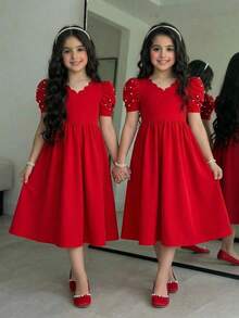 SHEIN Girls' Elegant Pearl Beaded Gigot Sleeve Waist Gathered Flare Hem Princess Dress, Red - Red - View 3