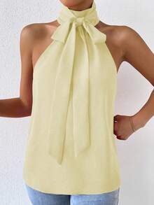 RosyDaze Women's Solid Color Tie-Neck Casual Versatile Daily Wear Shirt - Light Yellow - View 3