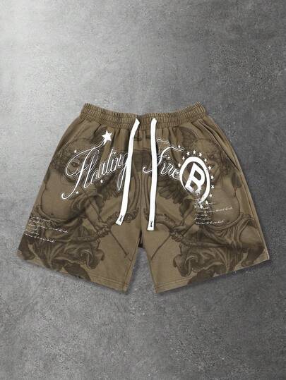ROMWE MEN Men's Drawstring Waist Letter & Pentagram Print Casual Versatile Daily Wear Shorts