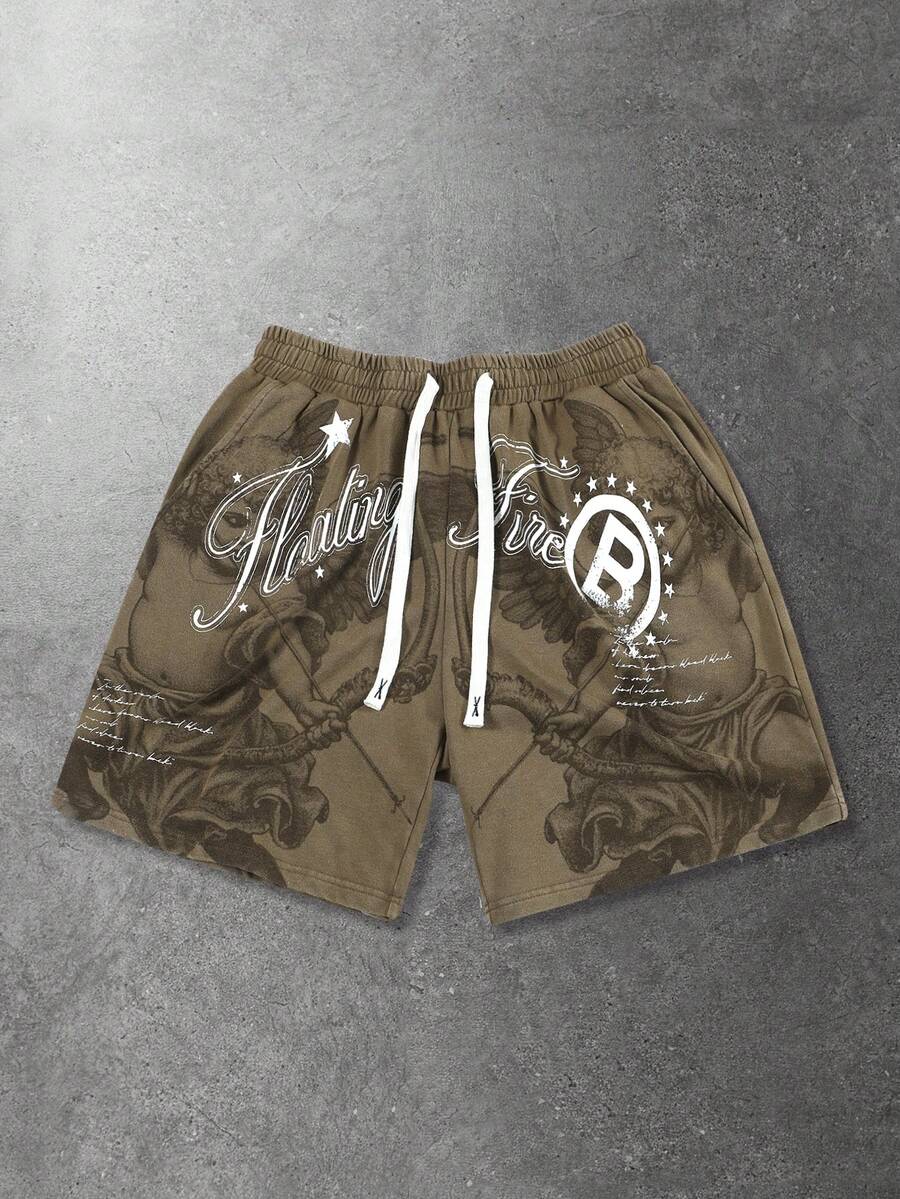 ROMWE MEN Street Life Celana Pendek Pria Kasual Serbaguna untuk Pemakaian Sehari-hari dengan Tali Serut dan Motif Huruf & Pentagram - Khaki - View 1