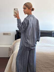 DAZY Women's Striped Loose Shirt And Pants Two Pieces Set, Casual Vacation Style - Blue - View 4