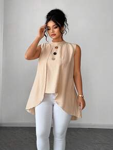 Elenzga Áo nữ cỡ lớn kiểu dáng thường ngày, chất liệu dệt kim cổ điển, không tay, cổ tròn, cài cúc gỗ, thích hợp cho kỳ nghỉ, ngắn phía trước và dài phía sau, mùa xuân/hè. - Màu be - Xem 3